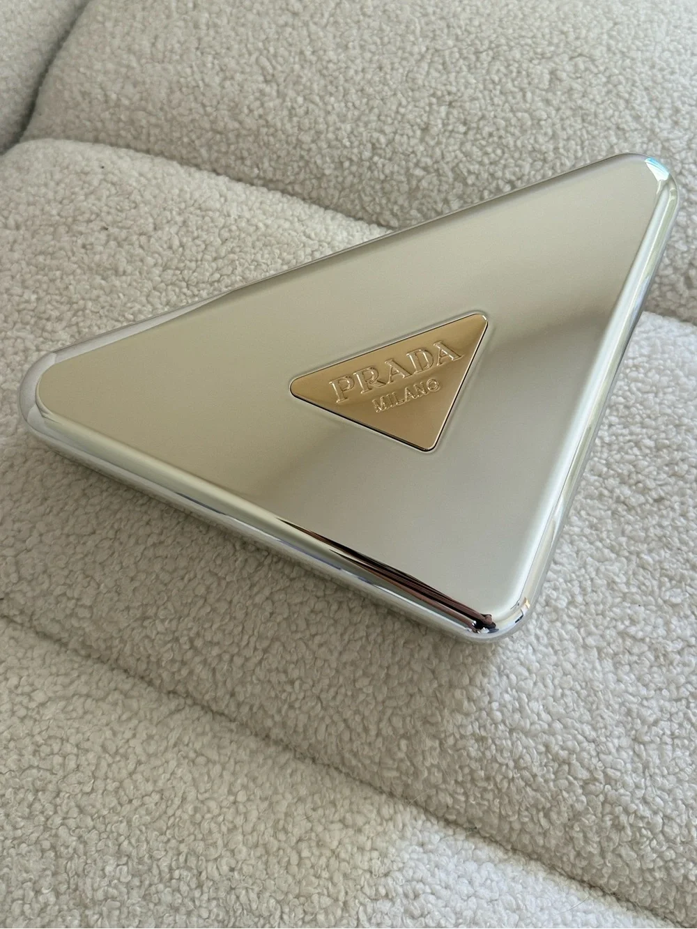 Prada Triangular Metal Clutch Bag Case Silver Gold Triangle Logo Large